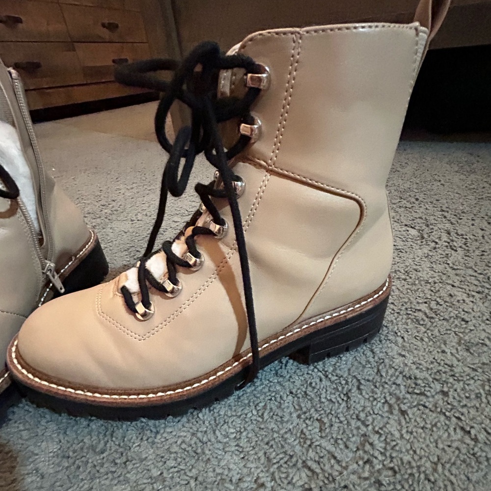 Cream boots lace up with side zipper